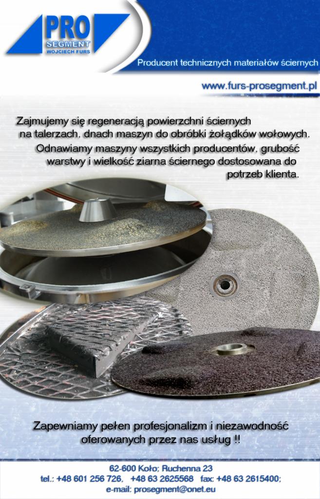 Kompozycja materiałów ściernych, w tym talerzy ściernych i segmentów, prezentowana jako oferta producenta materiałów ściernych do regeneracji powierzchni, z widocznym logo firmy i danymi kontaktowymi.