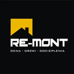 Logo firmy RE-MONT z ikoną domu pod żółtym kwadratem, oferującej okna, drzwi i docieplenia, na czarnym tle.