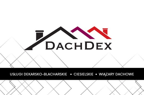 Logo firmy DachDex z trzema stylizowanymi dachami w kolorach czarnym, bordowym i czerwonym, oferującej usługi dekarsko-blacharskie, ciesielskie i wiązary dachowe.