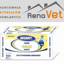 Paczka płyt termoizolacyjnych ArsaniT Fasada Classic na białym tle z logo hurtowni materiałów budowlanych RenoVet w tle.
