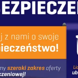 Grafika reklamowa z hasłem 'Zadbaj z nami o swoje bezpieczeństwo!', logo firmy ubezpieczeniowej w kształcie litery 'U' i informacją 'Lider na rynku ubezpieczeń' na granatowo-pomarańczowym tle.