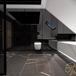 Wizualizacja łazienki w czerni i bieli z marmurowymi płytkami, wolnostojącą toaletą i oknem dachowym.