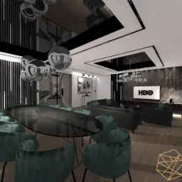 Wizualizacja przestronnego, nowoczesnego salonu z jadalnią w odcieniach szarości i czerni, z akcentami butelkowej zieleni na krzesłach i połyskującym, czarnym sufitem odbijającym światło...