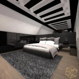 Czarno-biała sypialnia na poddaszu z oryginalnym sufitem w pasy, dużą szafą z lustrzanymi frontami i szarym, puszystym dywanem, widok z perspektywy niskiego kąta, logo firmy w prawym dolnym rogu.