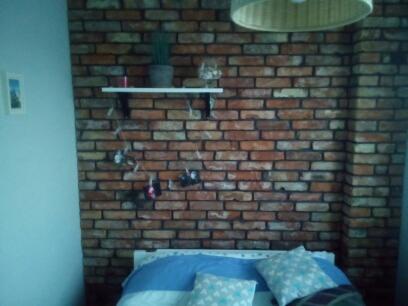 Ściana z cegły w pokoju z półką, rośliną, zdjęciami i lampą wiszącą, nad łóżkiem z niebieską pościelą.