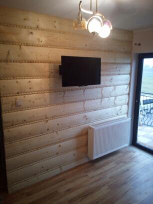 Wnętrze pokoju w Lipnie z boazerią z jasnego drewna, na ścianie zawieszony telewizor, pod nim biały grzejnik, drewniana podłoga i widok na balkon przez otwarte drzwi balkonowe.