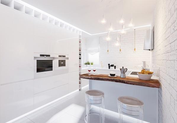Jasna, nowoczesna kuchnia z białymi meblami, drewnianym blatem baru, transparentnymi krzesłami barowymi i dekoracyjnym oświetleniem wiszącym