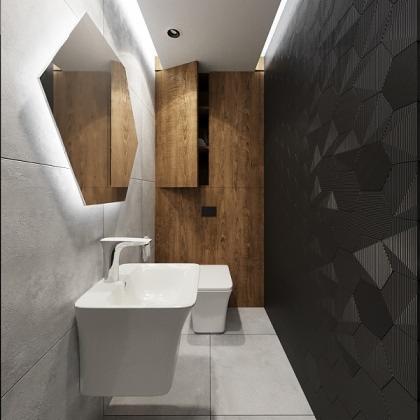 Nowoczesna łazienka z geometrycznym lustrem podświetlanym LED, drewnianą zabudową i ścianą z trójwymiarową teksturą w odcieniach szarości.