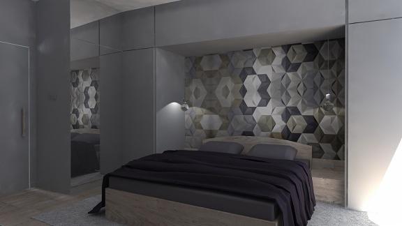 Nowoczesna sypialnia w odcieniach szarości z geometryczną ścianą akcentującą, minimalistycznym oświetleniem i lustrzanymi drzwiami szafy.