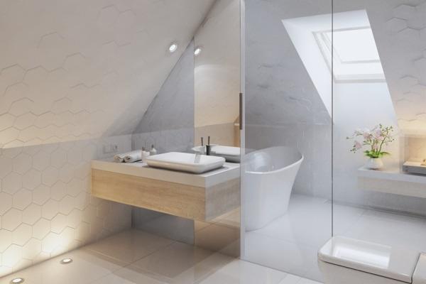 Nowoczesna łazienka na poddaszu w Bielsku-Białej z białą armaturą, umywalką nablatową i wanną wolnostojącą, oświetlona punktowymi lampami w podłodze i wykończona heksagonalnymi płytkami na ścianach.