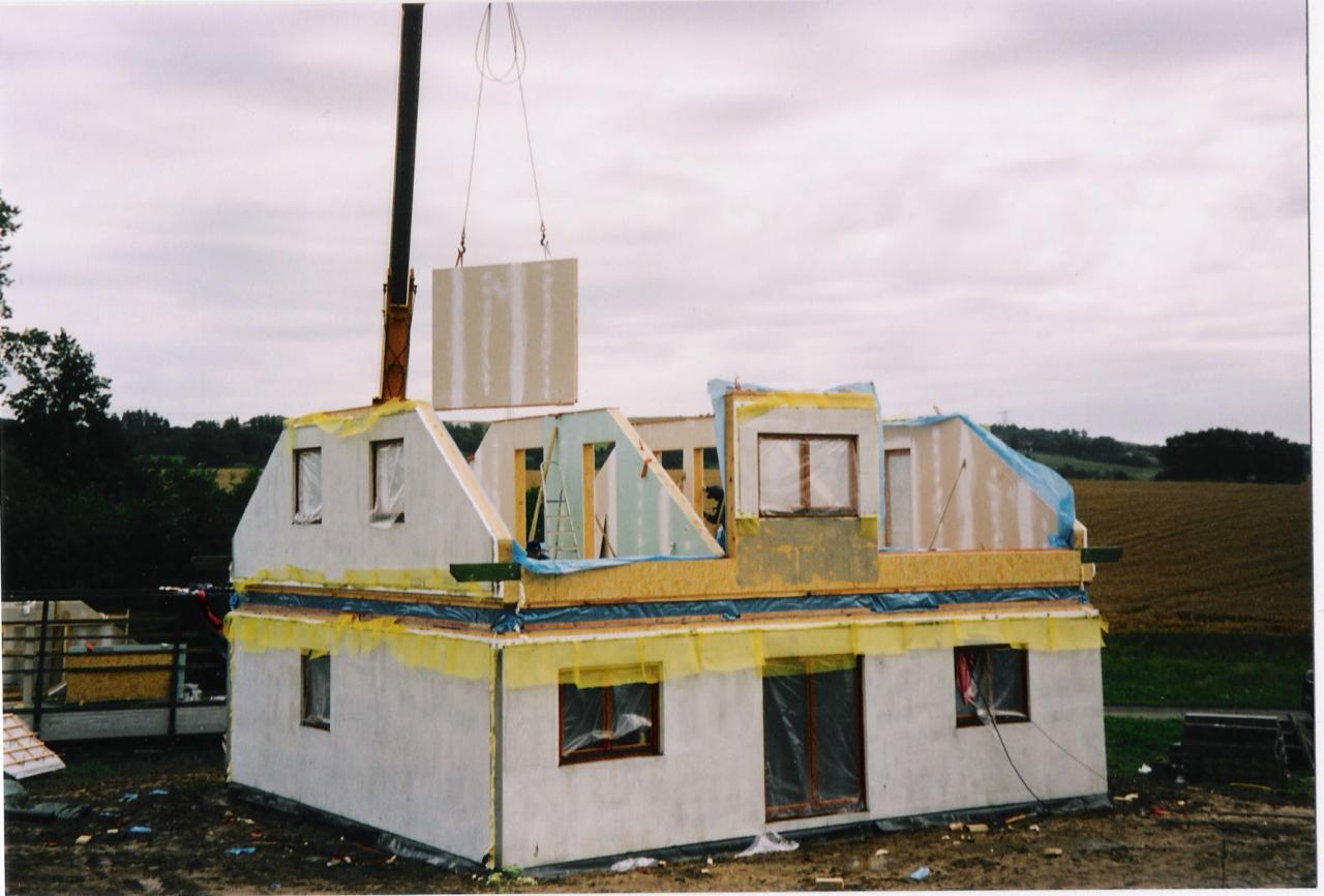 Montaż prefabrykowanego domu szkieletowego za pomocą dźwigu. Widoczne ściany, okna i elementy konstrukcyjne. Dom w stanie surowym otwartym, otoczony polami i drzewami.