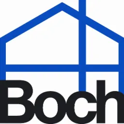Logo firmy Boch, przedstawiające zarys domu w kolorze niebieskim nad napisem 'Boch' w kolorze czarnym.