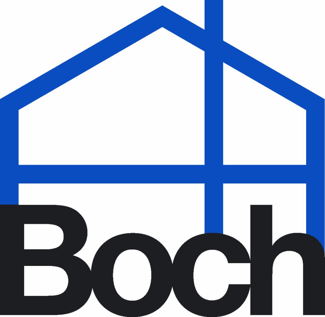 Logo firmy Boch, przedstawiające zarys domu w kolorze niebieskim nad napisem 'Boch' w kolorze czarnym.