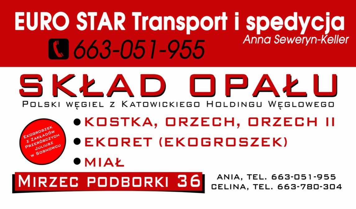 Szyld reklamowy firmy Euro Star Transport i spedycja, oferującej również skład opału: kostka, orzech, miał, ekogroszek z Katowickiego Holdingu Węglowego. Kontakt telefoniczny do Anny i Celiny.