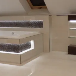 Nowoczesna łazienka na poddaszu z wanną obudowaną w beżowe płyty z mozaiką i podświetleniem LED, jasne płytki na podłodze i ścianach, oraz półki z ciemnego drewna.