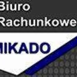 Logo Biura Rachunkowego MIKADO z niebieskim akcentem graficznym na szarym tle z drobnym wzorem.