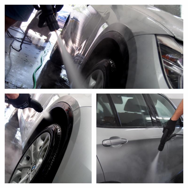 Trzy ujęcia szarego samochodu podczas mycia ciśnieniowego w myjni, z detalami na kołach i karoserii.