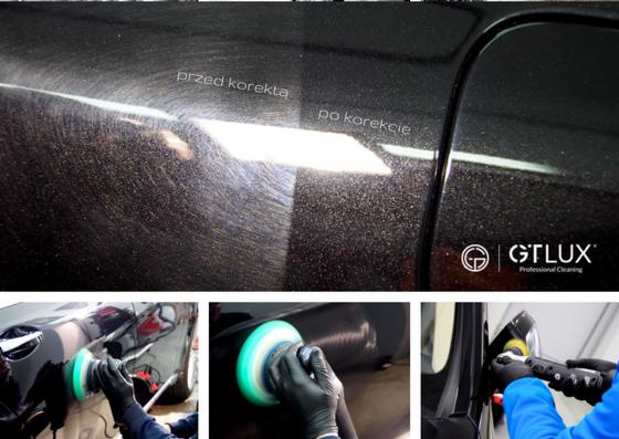 Korekta lakieru na czarnym samochodzie, widoczna różnica przed i po polerowaniu, z logo firmy GT LUX Professional Cleaning, detale procesu polerowania z użyciem polerek rotacyjnych.