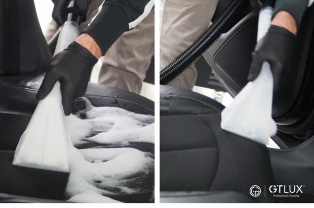 Czyszczenie skórzanej tapicerki samochodowej za pomocą odkurzacza piorącego; widoczna piana na czyszczonej powierzchni.