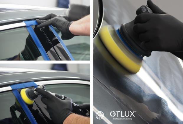 Polerowanie lakieru samochodu z użyciem polerki rotacyjnej i taśmy maskującej zabezpieczającej elementy.