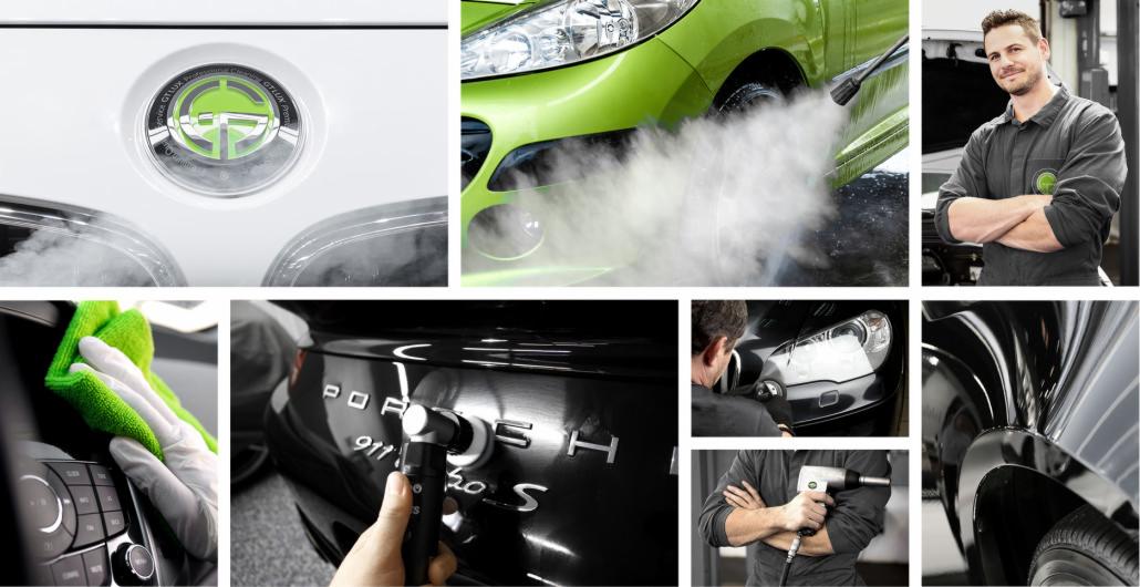 Kolaż zdjęć prezentujący proces czyszczenia różnych samochodów: mycie parowe, polerowanie lakieru Porsche 911, czyszczenie wnętrza zieloną ściereczką, pracownik w uniformie z logo firmy.