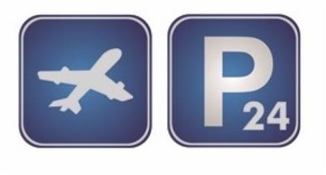 Dwa niebieskie ikony z zaokrąglonymi rogami: po lewej biały symbol samolotu, po prawej białe litera 'P' i liczba '24' oznaczające parking.