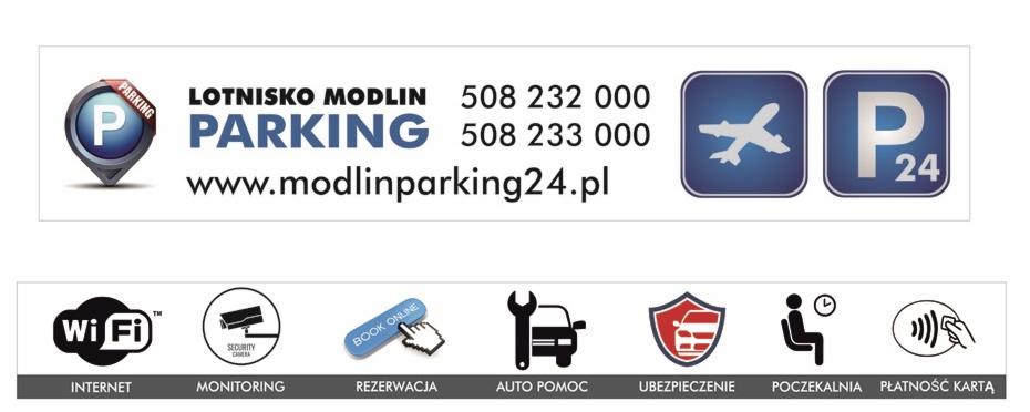 Baner reklamowy parkingu Lotnisko Modlin z informacjami kontaktowymi, logo i ikonami udogodnień: Wi-Fi, monitoring, rezerwacja online, pomoc drogowa, ubezpieczenie, poczekalnia, płatność kartą.