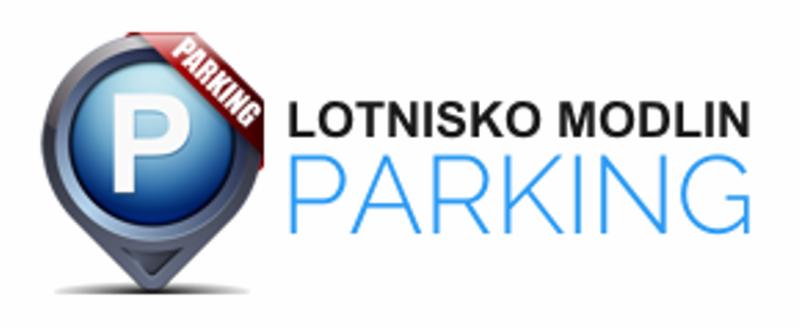 Logo parkingu Lotnisko Modlin z symbolem parkingu w formie niebieskiej ikony z literą P i czerwonym paskiem z napisem PARKING.