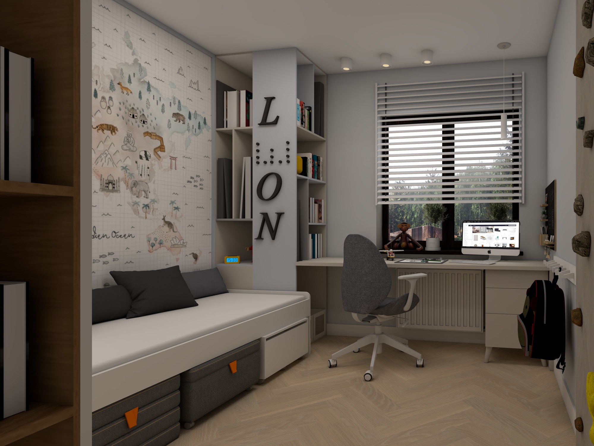 Pokój dziecięcy z łóżkiem z szufladami, biurkiem z komputerem Apple, krzesłem obrotowym i ścianą wspinaczkową; na ścianie mapa świata.
