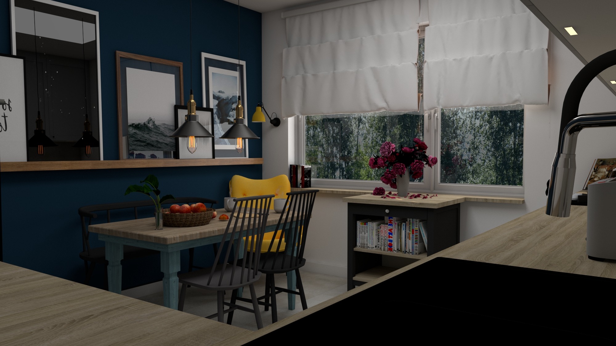 Wizualizacja kuchni z drewnianym stołem i krzesłami, niebieską ścianą z półką i dekoracjami, oświetleniem wiszącym oraz oknem z widokiem na zieleń, z bliska widoczny fragment blatu kuchennego.