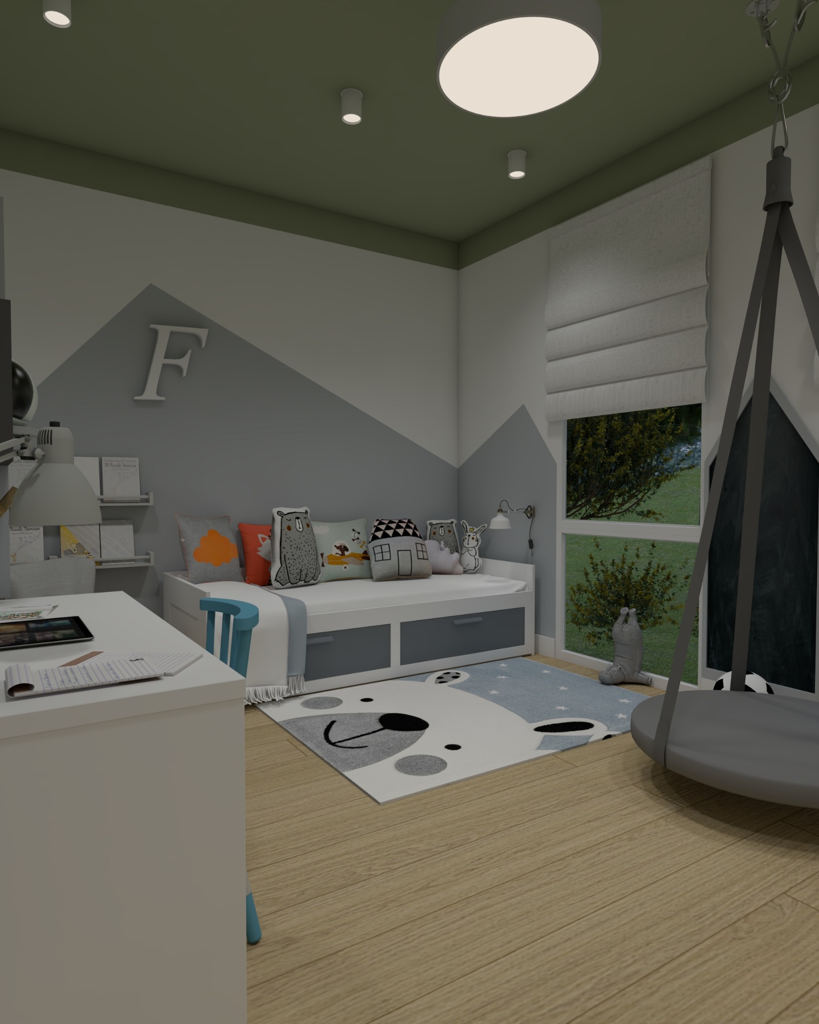 Wizualizacja pokoju dziecięcego z łóżkiem-sofą, biurkiem z lampką, dywanem w kształcie misia i huśtawką wiszącą, utrzymana w szaro-zielonej kolorystyce z akcentami błękitu.