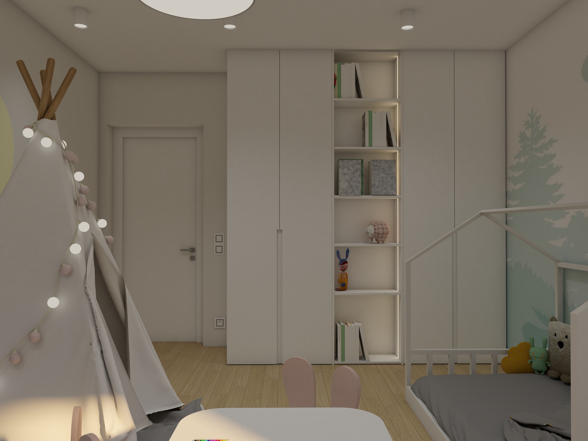 Wizualizacja pokoju dziecięcego z tipi oświetlonym girlandą, biurkiem z krzesłami w kształcie króliczych uszu, łóżkiem z drewnianą ramą i szafą z podświetlanymi półkami.