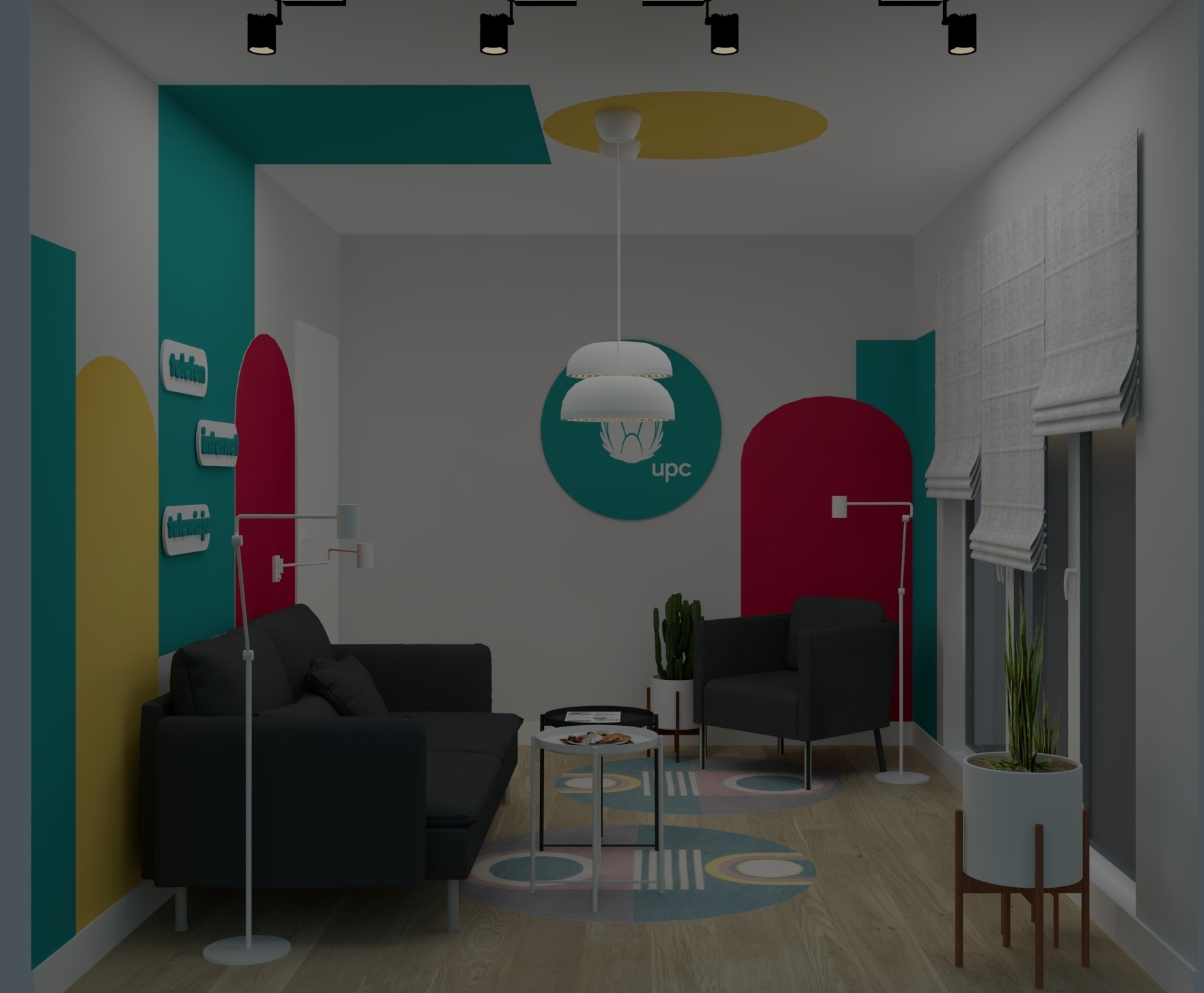 Wizualizacja biura z czarną sofą, fotelem, okrągłym stolikiem kawowym, lampami podłogowymi i sufitowymi, oraz kolorowymi elementami dekoracyjnymi na ścianach i podłodze, w tym logo UPC.