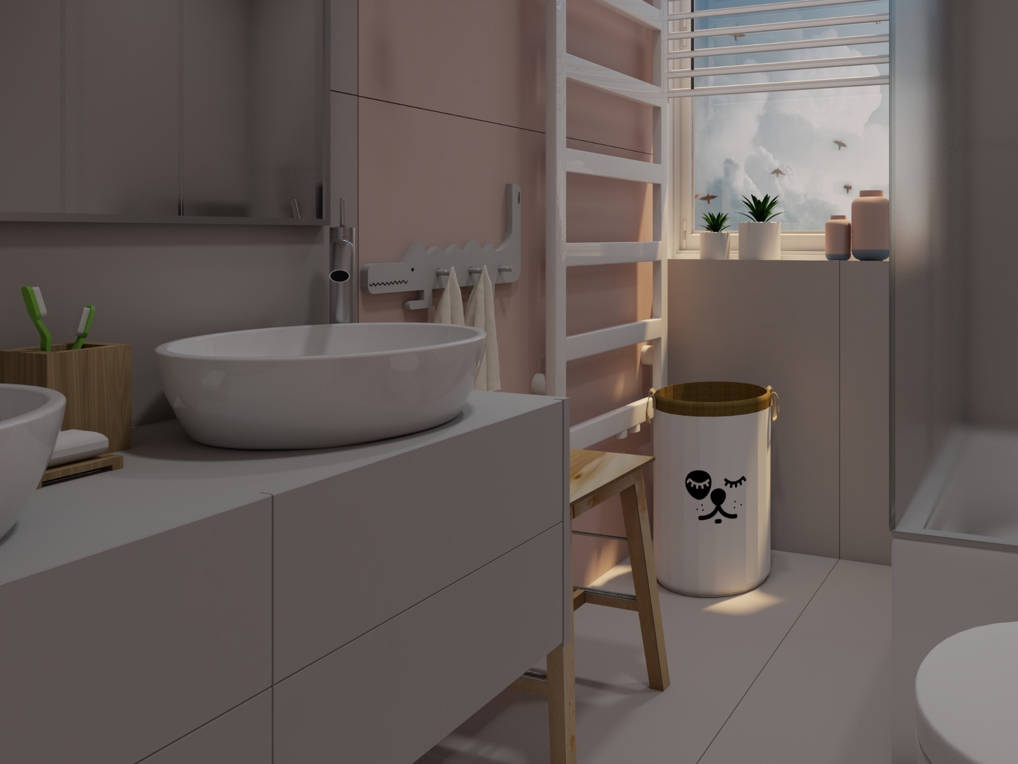 Wizualizacja łazienki z owalną umywalką nablatową, drewnianym stołkiem, grzejnikiem drabinkowym i koszem na pranie z motywem zwierzęcym.