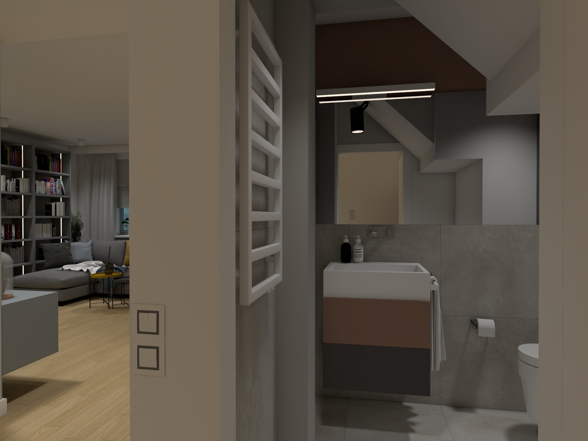 Wnętrze łazienki z umywalką z szafką w kolorach bieli, miedzi i szarości, grzejnikiem drabinkowym, toaletą i widokiem na salon z regałem na książki.