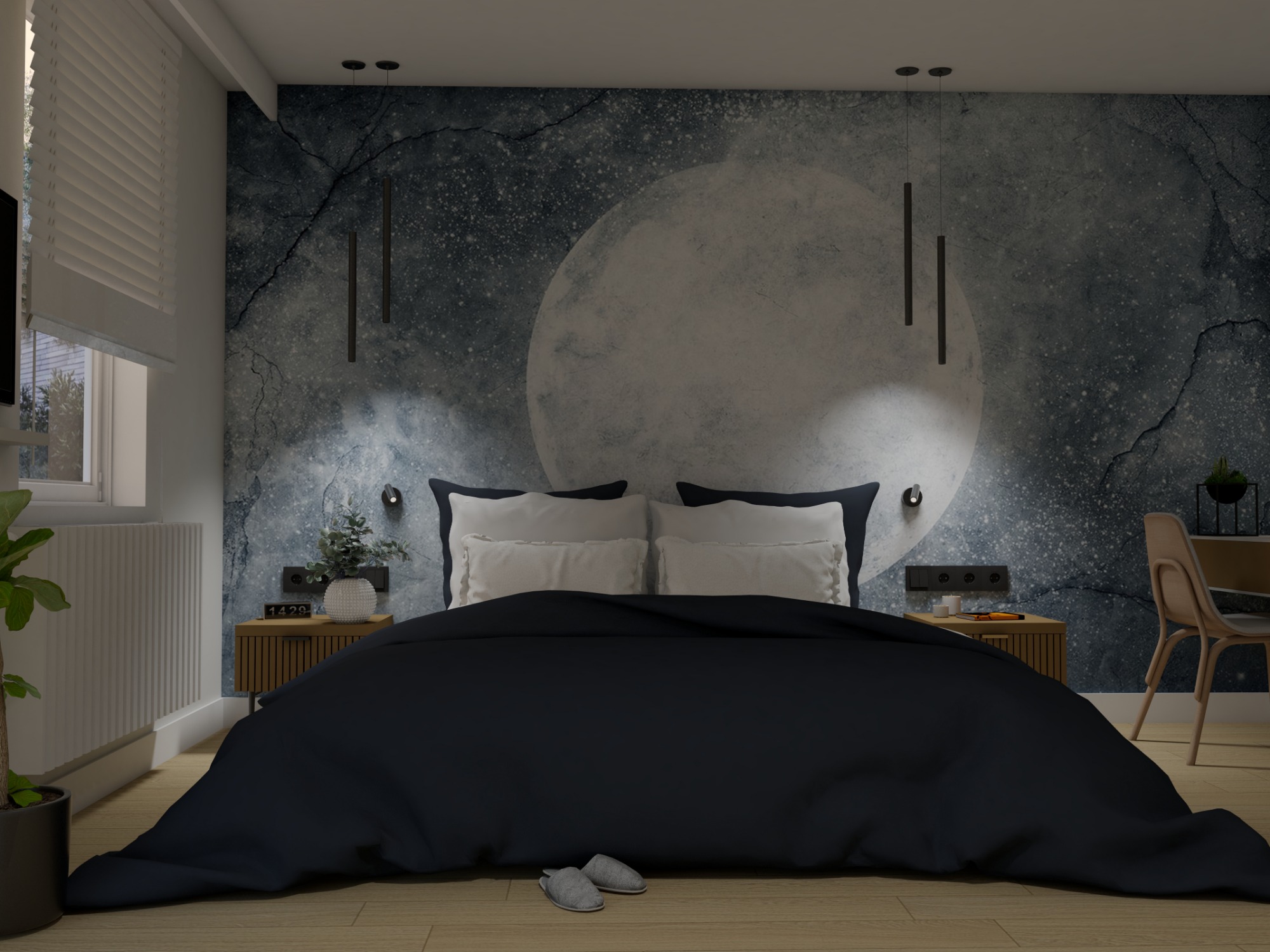 Nowoczesna sypialnia z łóżkiem z granatową pościelą, tapetą imitującą księżyc i drewnianymi szafkami nocnymi z zegarem cyfrowym.