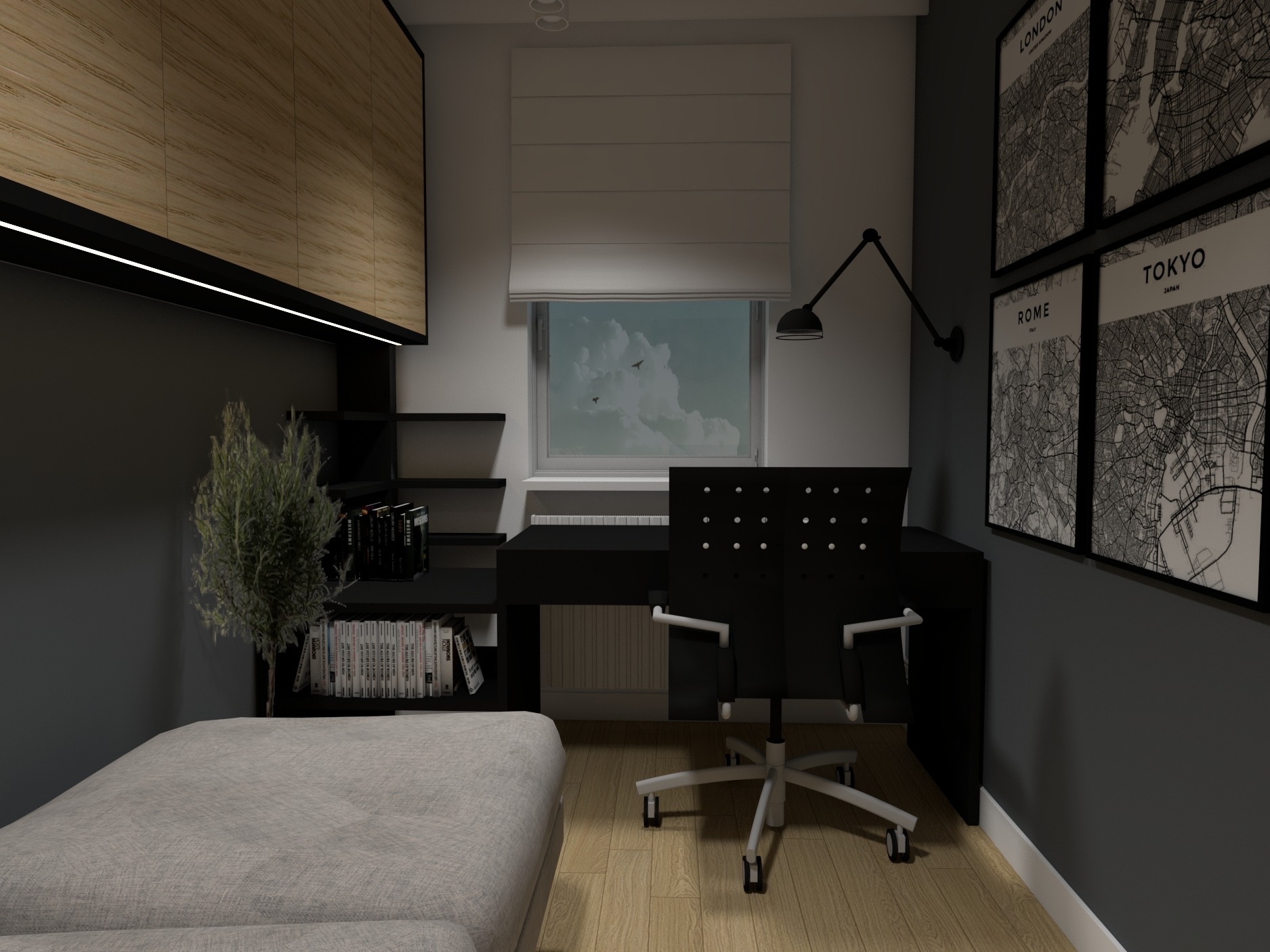 Wizualizacja pokoju z biurkiem, czarnym krzesłem biurowym na kółkach, półkami na książki, sofą i plakatami z mapami miast: Londyn, Rzym, Tokio. Nad biurkiem lampka. Widok z okna na chmury i lecące...