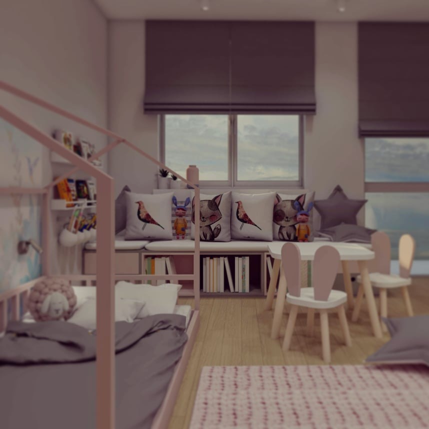 Projekt pokoju dziecięcego: łóżko z różową ramą, siedzisko pod oknem z poduszkami w zwierzęce wzory, stolik i krzesła z oparciami w kształcie króliczych uszu, dywan w różową kratę.