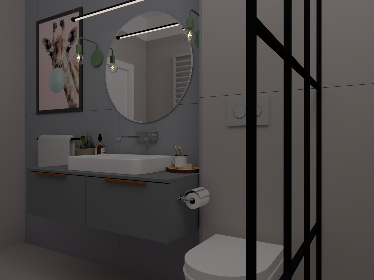 Wizualizacja szarej łazienki z okrągłym lustrem podświetlonym listwą LED, szafką pod umywalką z drewnianymi uchwytami, toaletą i czarną ścianką działową z metalowych profili.