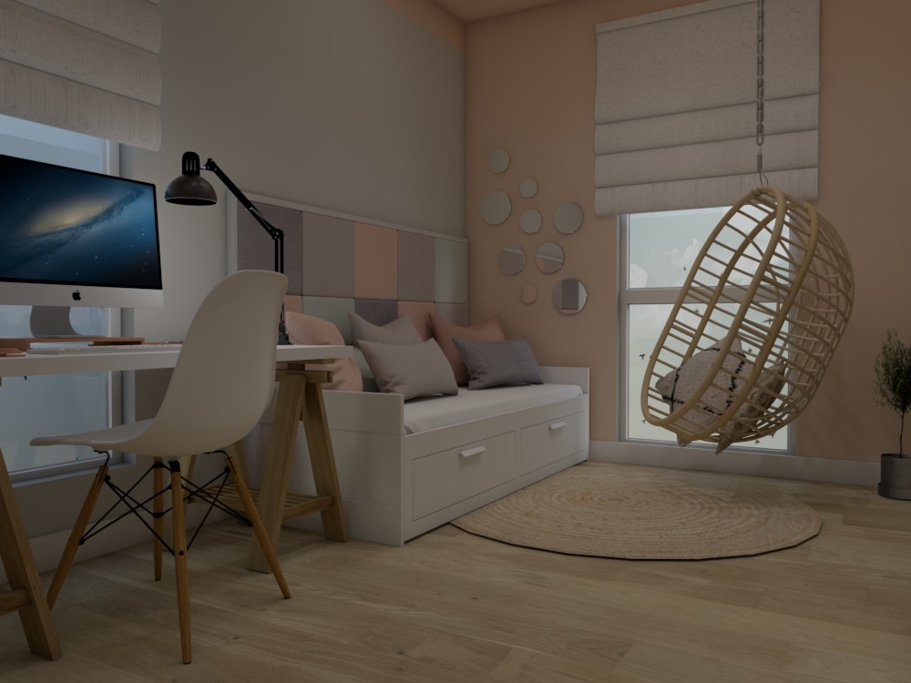 Pokój dziecięcy z białym biurkiem, krzesłem Eames, łóżkiem z szufladami, wiszącym fotelem rattanowym i okrągłym dywanem jutowym.