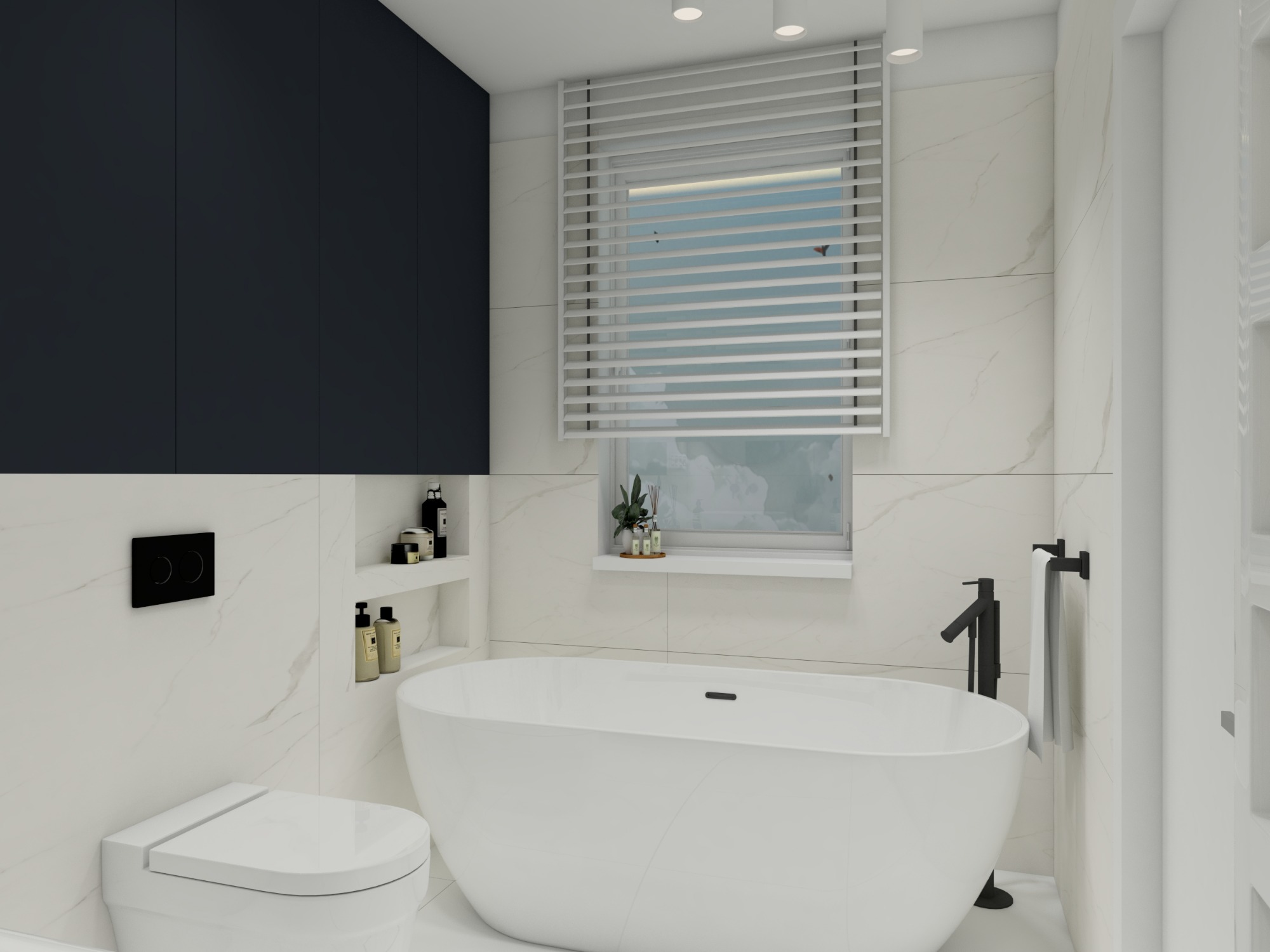 Wizualizacja nowoczesnej łazienki z wolnostojącą białą wanną, podwieszaną toaletą, czarną armaturą i szafkami w kolorze granatowym, wykończonej płytkami imitującymi biały marmur.