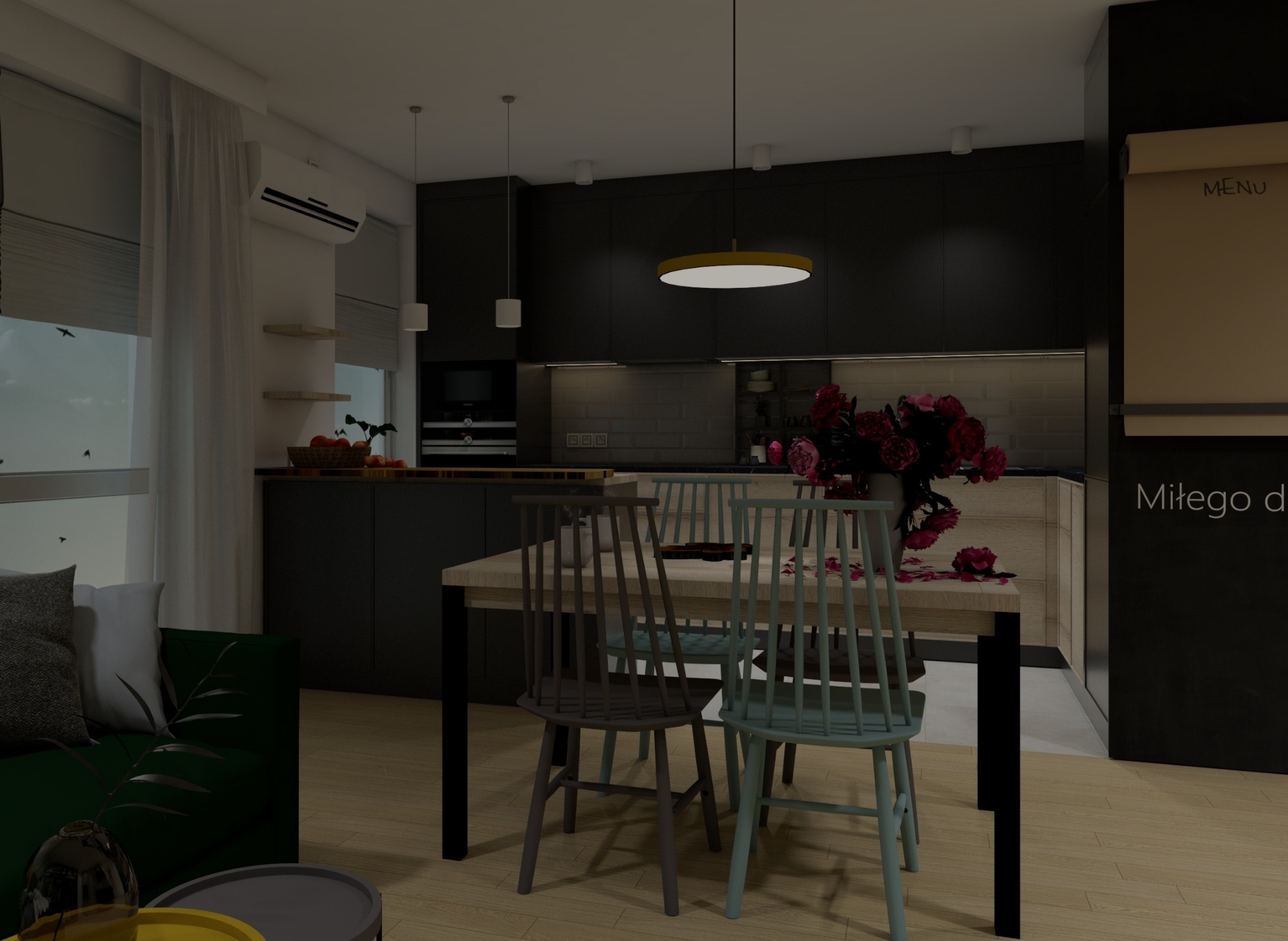 Wizualizacja nowoczesnej kuchni z czarnymi szafkami, drewnianym stołem otoczonym przez różnokolorowe krzesła, nad stołem wisi okrągła lampa, na stole wazon z ciemnoróżowymi kwiatami, w tle widoczne...