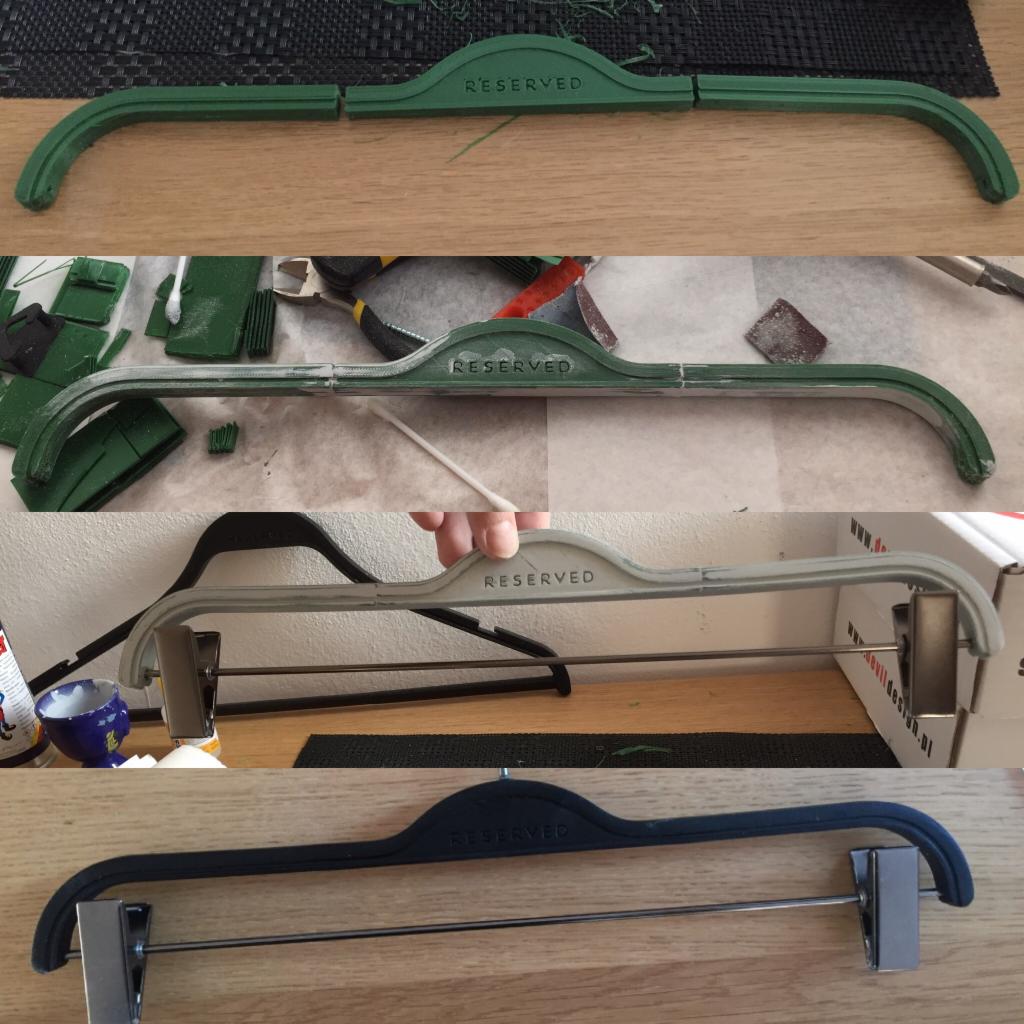Cztery etapy wykończenia wieszaka na ubrania z napisem 'Reserved': od surowego zielonego plastiku, przez szlifowanie i czyszczenie, do gotowego czarnego wieszaka z metalowymi klipsami.
