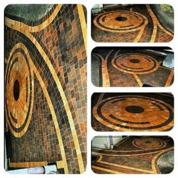 Wzorzysta nawierzchnia z kostki brukowej w odcieniach brązu i czerni, ułożona w koncentryczne okręgi i pasy, widok z góry, kompozycja kolażu.