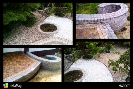 Kompozycja z czterech ujęć ogrodu: ścieżka z białego grysu z obrzeżami z kostki, murki z szarej kostki, taras z wielobarwnej kostki, rabaty z roślinami i grysem.