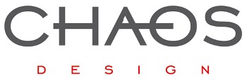 Szare logo firmy Chaos Design z czerwonym napisem DESIGN poniżej.