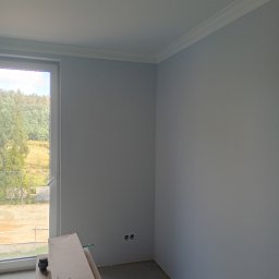 Firma Handlowo-Usługowa Marek Woźniak - Pomieszczenie po malowaniu na szaro, widoczne listwy przypodłogowe, okno z widokiem na zieleń, kartony na podłodze i gniazdka elektryczne.