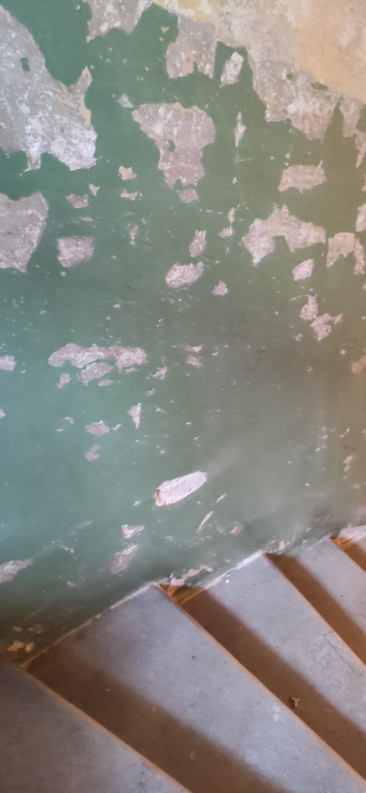 Zielona ściana ze śladami odpadającej farby i schody. Widoczne uszkodzenia i niedoskonałości. Nierówna powierzchnia i tekstura. Perspektywa z góry.