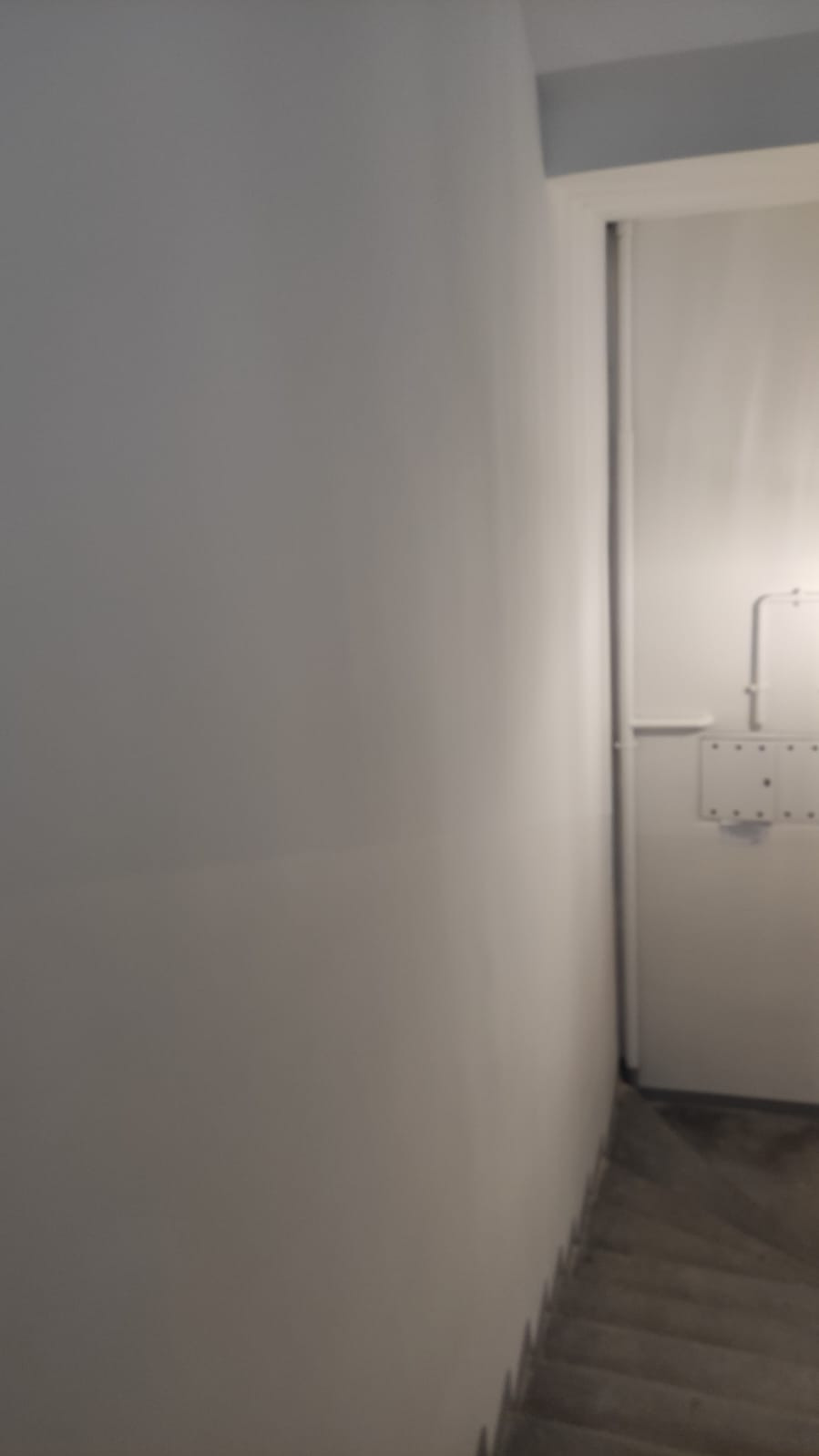 Świeżo pomalowana, jasnoszara ściana w korytarzu z widoczną instalacją elektryczną przy wejściu do pomieszczenia z betonowymi schodami.