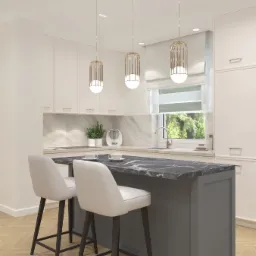 Wizualizacja nowoczesnej kuchni z wyspą, marmurowym blatem i złotymi lampami wiszącymi. Dwa krzesła barowe z beżową tapicerką stoją przy wyspie. W tle widoczny sprzęt kuchenny i rośliny.